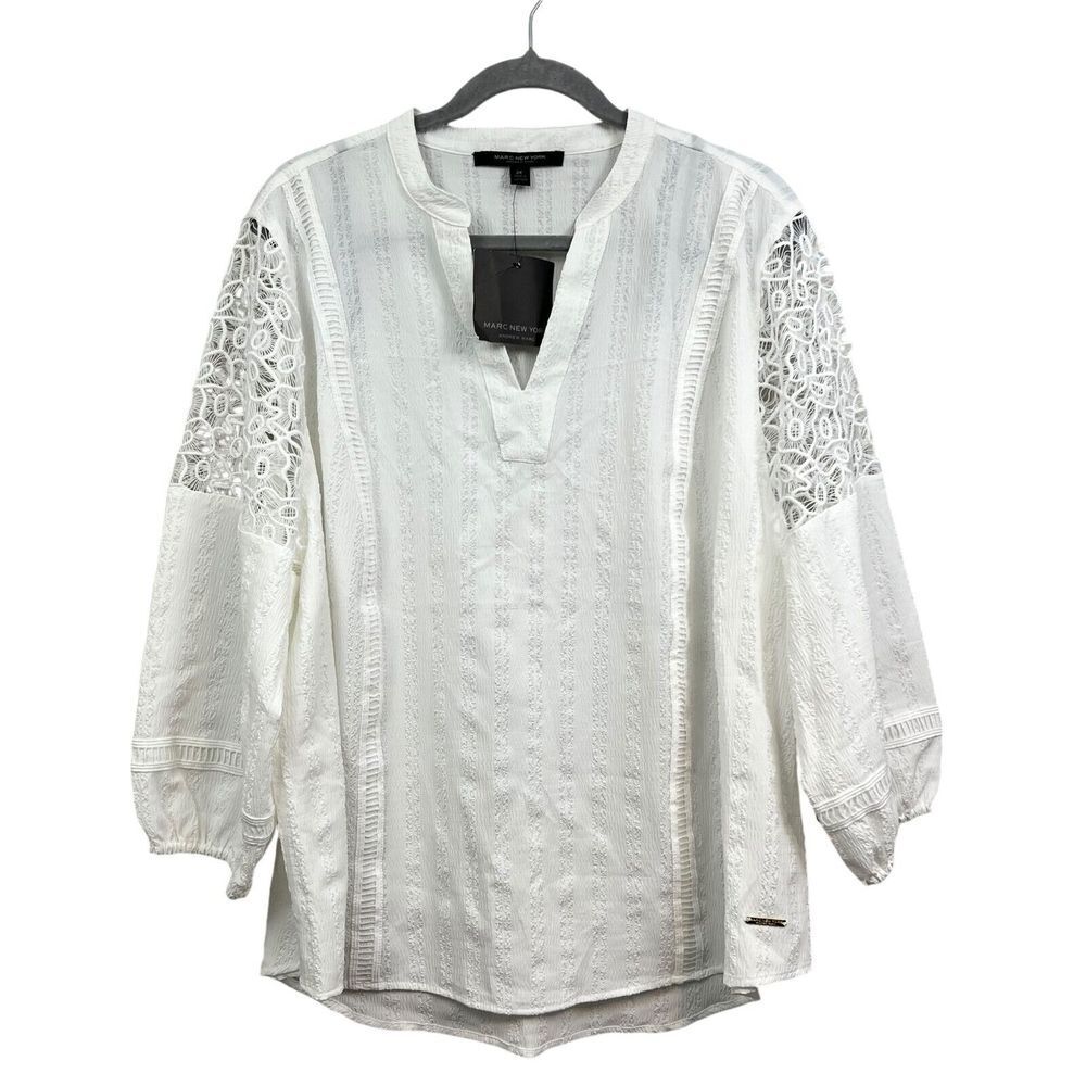 Marc New York Andrew Marc Womens Tunic Blouse Lace Ballon Sleeves White Sz 2X*